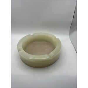 Vintage 1970s White Alabaster Onyx Heavy Round Stone Cigarette Cigar Ashtray